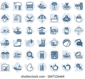 Blue tint and shade editable vector line icon set - watering can vector, bucket, boot, water drop, well, hose, pond, drip irrigation, bacteria, liquid soap, sea shipping, port, umbrella, warehouse