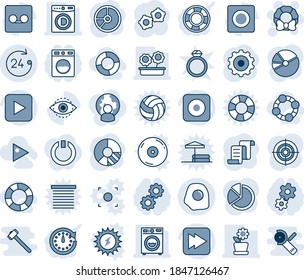 Blue tint and shade editable vector line icon set - 24 hours vector, christmas wreath, gear, contract, circle chart, play button, fast forward, rec, record, eye id, pie graph, target, washer, clock