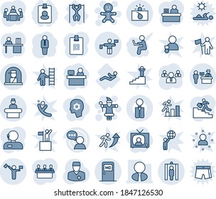 Blue tint and shade editable vector line icon set - dispatcher vector, passport control, reception, medical room, traffic controller, metal detector gate, terrorism, officer window, santa claus, win