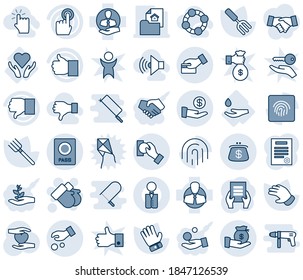 Blue tint and shade editable vector line icon set - passport vector, gloves, document, garden fork, farm, glove, heart hand, care, drop, client, touch screen, finger up, down, fingerprint id, cash