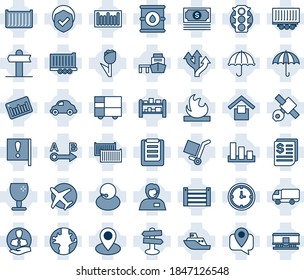 Blue tint and shade editable vector line icon set - route vector, signpost, earth, pin, important flag, plane, satellite, cash, traffic light, support, client, mobile tracking, sea shipping, clock