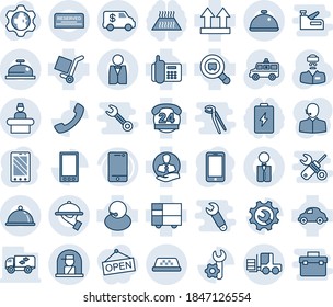 Blue Tint And Shade Editable Vector Line Icon Set - Reception Vector, Taxi, Officer Window, Fork Loader, Mobile Phone, Ambulance Car, Doctor, Office, 24 Hours, Support, Client, Delivery, Search