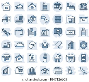 Blue Tint And Shade Editable Vector Line Icon Set - Barrier Vector, Shop, Airport Building, Tower, Automatic Doors, Baggage Room, Office, House, Hospital, Warehouse Storage, Account, With Garage