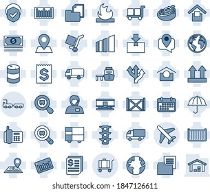 Blue tint and shade editable vector line icon set - plane vector, baggage, truck, route, navigation, earth, pin, cash, traffic light, office phone, support, mobile tracking, cargo container, term