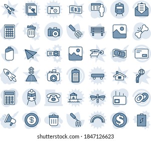 Blue tint and shade editable vector line icon set - train vector, camera, garden fork, bench, broken bone, chain, battery, mail, gallery, calculator, phone, trash bin, rocket, cash, advertising