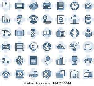 Blue tint and shade editable vector line icon set - baggage trolley vector, signpost, earth, important flag, plane, traffic light, office phone, 24 hours, sea shipping, cargo container, car delivery