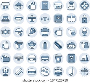 Blue tint and shade editable vector line icon set - cafe vector, coffee, waiter, cook, alcohol, restaurant table, hat, menu, reserved, cocktail, bacon, egg stand, salt and pepper, building, candle