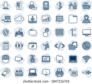 Blue tint and shade editable vector line icon set - notebook connect vector, mouse, pc, virus, diagnostic monitor, mobile heart, support, folder document, gamepad, tv, network, touch screen, laptop