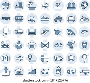 Blue tint and shade editable vector line icon set - departure vector, baggage conveyor, trolley, airport bus, train, escalator, fork loader, larry, ladder car, helicopter, plane globe, building