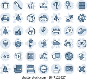 Blue tint and shade editable vector line icon set - reception vector, insurance, escalator up, no smoking sign, baby room, shower, baggage, christmas tree, snowfall, pen, meeting, hook, shield, safe