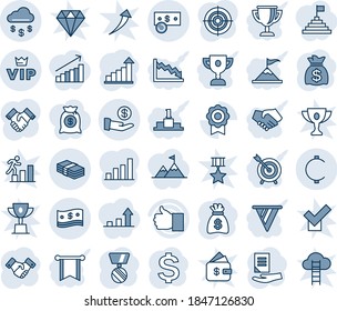 Blue tint and shade editable vector line icon set - vip vector, handshake, growth statistic, dollar sign, medal, money bag, document, finger up, sertificate, cent, cash, rain, investment, bar graph