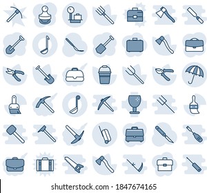 Blue tint and shade editable vector line icon set - umbrella vector, suitcase, baggage scales, job, shovel, farm fork, bucket, pruner, axe, scalpel, fragile, themes, case, stamp, ladle, hard work