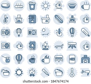 Blue tint and shade editable vector line icon set - coffee machine vector, tea, fireplace, fire, thermometer, sun, air conditioner, bread, steak, hot dog, bowl, steaming pan, turkish, water heater