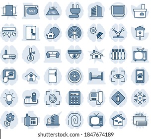 Blauer Farbtint und Farbtöne bearbeitbare Vektorsymbol-Set - TV-Vektorsymbol, Bürogebäude, Kamin, Vogelhaus, Telefon, Verkauf, Schlafzimmer, gepolsterte Möbel, Kühlschrank, Haus, Eco, Stecker, Fingerabdruck, Ventilator
