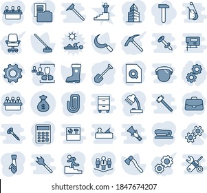 Blue tint and shade editable vector line icon set - case vector, meeting, job, boot, hoe, sickle, axe, settings, money bag, paper clip, office building, document folder, search, hr, calculator, tie