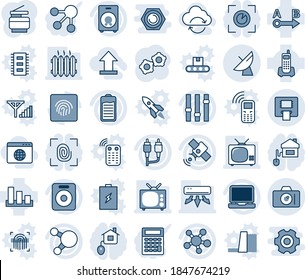 Blue tint and shade editable vector line icon set - camera vector, satellite antenna, gear, office phone, sorting, route, settings, laptop pc, share, speaker, battery, rca, fingerprint id, atm, tv