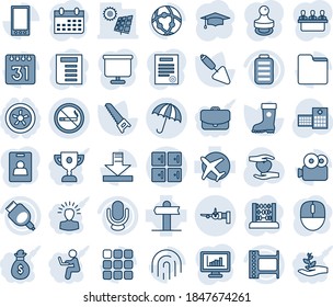Blue tint and shade editable vector line icon set - umbrella vector, no smoking, boarding, checkroom, graduate, abacus, mouse, document, calendar, trowel, boot, saw, heart hand, hospital, signpost