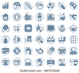 Blue tint and shade editable vector line icon set - runway vector, umbrella, shop, airport tower, christmas glove, sleigh gift, watering can, sproute, pruner, lady bug, garden knife, light, pills