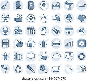 Blue tint and shade editable vector line icon set - plane vector, christmas glove, gloves, santa stick, office chair, book, job, lady bug, heart diagnostic, hospital bed, diet, mobile monitor, video