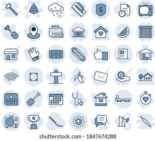 Blue tint and shade editable vector line icon set - automatic door vector, tv, baggage truck, sun, christmas tree, job, shovel, glove, house, scalpel, medical calendar, stethoscope, stopwatch heart