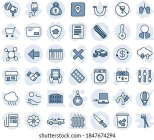 Blue tint and shade editable vector line icon set - trash bin vector, washer, notebook connect, left arrow, schedule, christmas ball, calendar, handshake, document, rain, molecule, pills blister