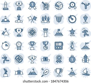 Blue tint and shade editable vector line icon set - dispatcher vector, pedestal, pennant, medal, run, stopwatch, target, motivation, award cup, attainment, winner, win, gold, pawn, arrows up