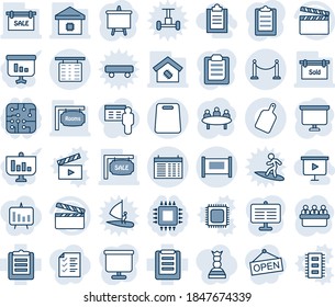 Blue tint and shade editable vector line icon set - fence vector, flight table, schedule, presentation board, meeting, clipboard, clapboard, sale, rooms, sold signboard, smart home, cutting, chip