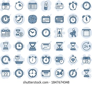 Blue tint and shade editable vector line icon set - 24 around vector, alarm clock, flight table, hours, phone, schedule, 25 dec calendar, 31, christmas mobile, stopwatch heart, heavy scales, manager