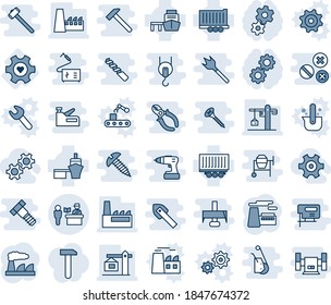 Blue tint and shade editable vector line icon set - passport control vector, factory, heart gear, truck trailer, sea port, crane, work, conveyor, casting of steel, wrench, plant, hammer, screw, bolt