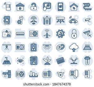 Blue tint and shade editable vector line icon set - plane radar vector, security gate, lock, identity card, drip irrigation, sorting, barcode, chain, root setup, air conditioner, smart home, filter