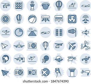 Blue tint and shade editable vector line icon set - airport tower vector, departure, wind, radar, plane, helicopter, seat map, globe, traffic controller, runway, arrival, boarding passengers, small