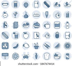Blue tint and shade editable vector line icon set - hot cup vector, tea, rowanberry, seedling, plant label, diet, apple, lemon, carrot, slice, onion, milk, breads, fridge, drink, phyto bar, salad