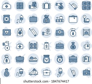 Blue tint and shade editable vector line icon set - suitcase vector, baggage conveyor, luggage storage, checkroom, room, scales, case, money bag, fertilizer, doctor, dropper, first aid kit, rich