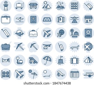 Blue tint and shade editable vector line icon set - plane vector, runway, taxi, suitcase, baggage trolley, airport bus, umbrella, passport, ladder car, helicopter, seat map, luggage storage, scales