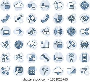 Blue tint and shade editable vector line icon set - wireless notebook vector, antenna, satellite, network, share, chain, call, sim, cellular signal, gear, right arrow, upload cloud, link, power plug
