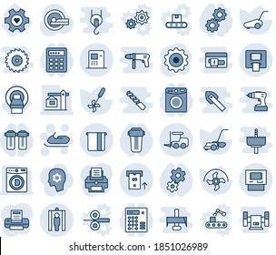 Blue tint and shade editable vector line icon set - fork loader vector, metal detector gate, snowmobile, gear, ripper, lawn mower, tomography, mri, heart, atm, printer, washer, crane, water filter