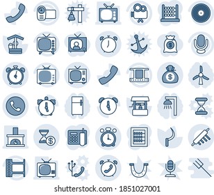Blue tint and shade editable vector line icon set - alarm clock vector, phone, tv, well, sickle, film frame, vinyl, video camera, microphone, call, money bag, account history, abacus, office, fridge