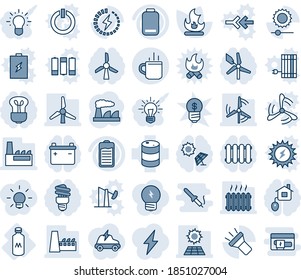 Blue tint and shade editable vector line icon set - hot cup vector, factory, fire, milk, oil barrel, battery, low, torch, brightness, charge, sun panel, windmill, heater, home control, radiator