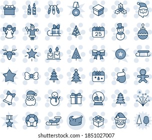 Blue tint and shade editable vector line icon set - christmas tree vector, gift, bow, santa claus, glove, ball, garland, star, candle, bell, 25 dec calendar, cake man, snowman, deer, firework, holly