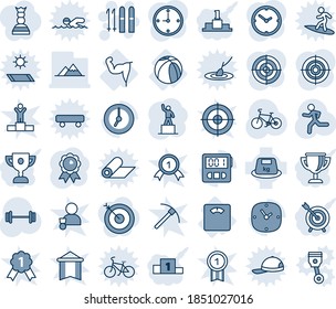 Blue tint and shade editable vector line icon set - ski vector, pedestal, medal, barbell, bike, run, floor scales, power hand, basketball ball, heavy, clock, stopwatch, target, mountains, award cup