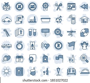 Blue tint and shade editable vector line icon set - no laptop vector, mobile sign, computer, safety car, christmas glove, 31 dec calendar, wine, angel, star postcard, santa stick, contract, lady bug