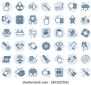 Blue tint and shade editable vector line icon set - passport vector, plane radar, snowfall, gloves, document, garden fork, farm, glove, saw, heart hand, power, care, client, touch screen, finger up