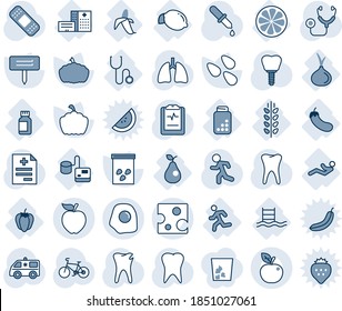 Blue tint and shade editable vector line icon set - plant label vector, pumpkin, seeds, diagnosis, stethoscope, dropper, patch, ambulance car, bike, run, lungs, tooth, caries, implant, tonometer