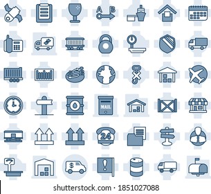 Blue tint and shade editable vector line icon set - signpost vector, earth, railroad, important flag, store, plane, satellite, office phone, 24 hours, client, truck trailer, car delivery, clock