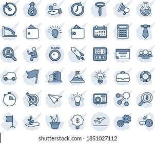 Blue tint and shade editable vector line icon set - departure vector, seedling, flag, stopwatch, alarm led, target, consumer search, group, gear, shining head, motivation, rocket, wallet, money bag
