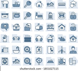 Blue tint and shade editable vector line icon set - house vector, with garage, tree, pond, pool, windmill, water supply, fruit, mountains, estate document, rent, sold signboard, office building, key