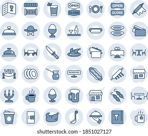 Blue tint and shade editable vector line icon set - cafe vector, coffee machine, alcohol, restaurant table, wine card, reserved, reception, phyto bar, beer, plates, waiter, egg stand, candle, alcove