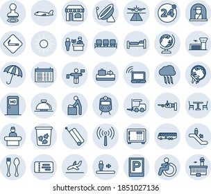 Blue tint and shade editable vector line icon set - runway vector, antenna, satellite, suitcase, baggage conveyor, airport bus, parking, spoon and fork, cafe, 24 around, passport control, train, bed