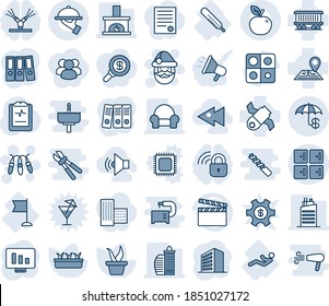 Blue tint and shade editable vector line icon set - checkroom vector, santa claus, garland, office building, statistic monitor, seedling, pulse clipboard, thermometer, abdominal muscles, flag, group