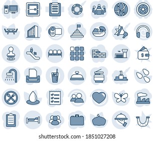 Blue tint and shade editable vector line icon set - escalator vector, waiting area, stamp, bed, shower, airport building, office, case, factory, butterfly, water drop, pumpkin, seeds, picnic table